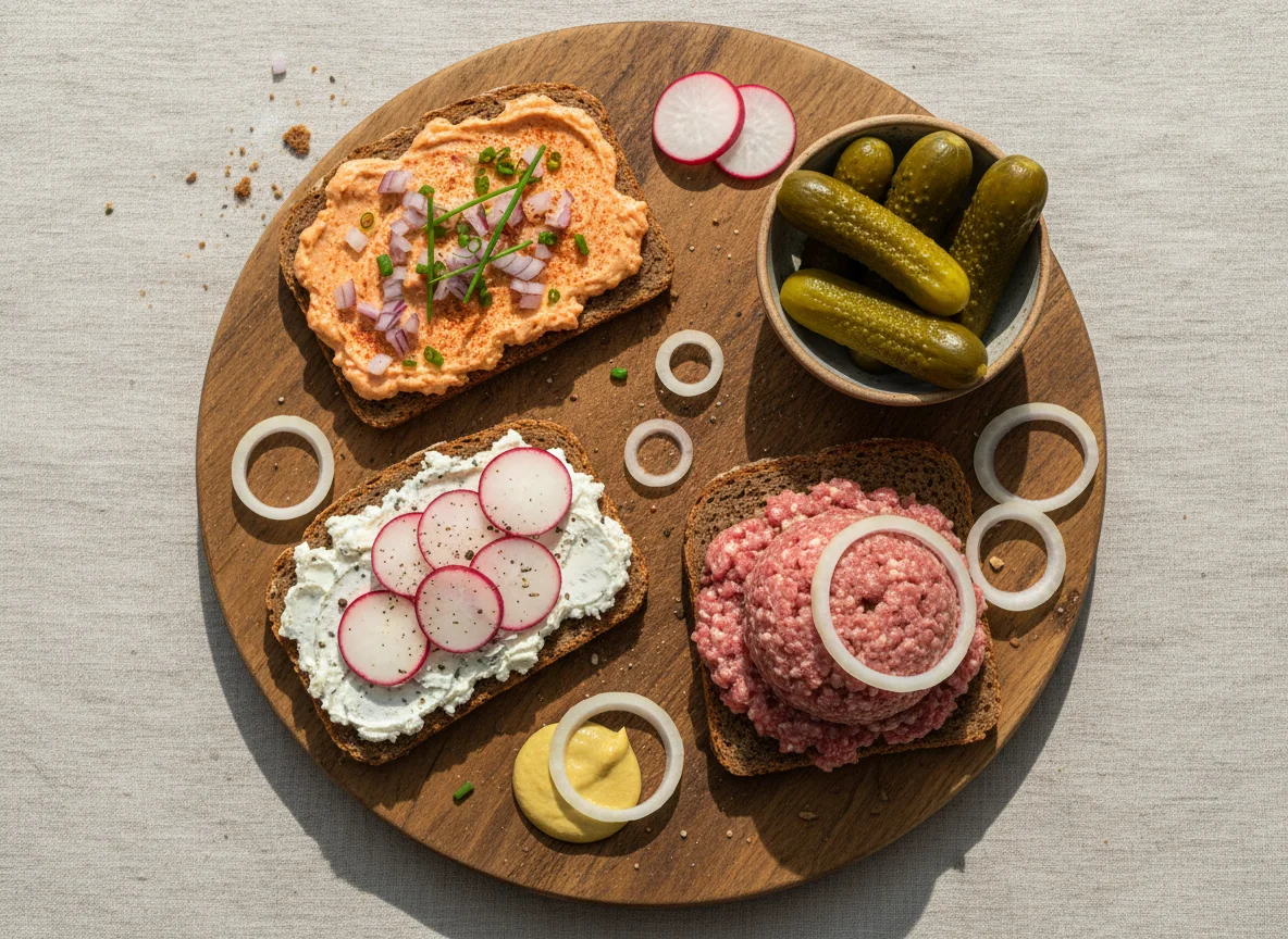 Deutsche Brote mit verschiedenen Belägen und Essiggurken photo