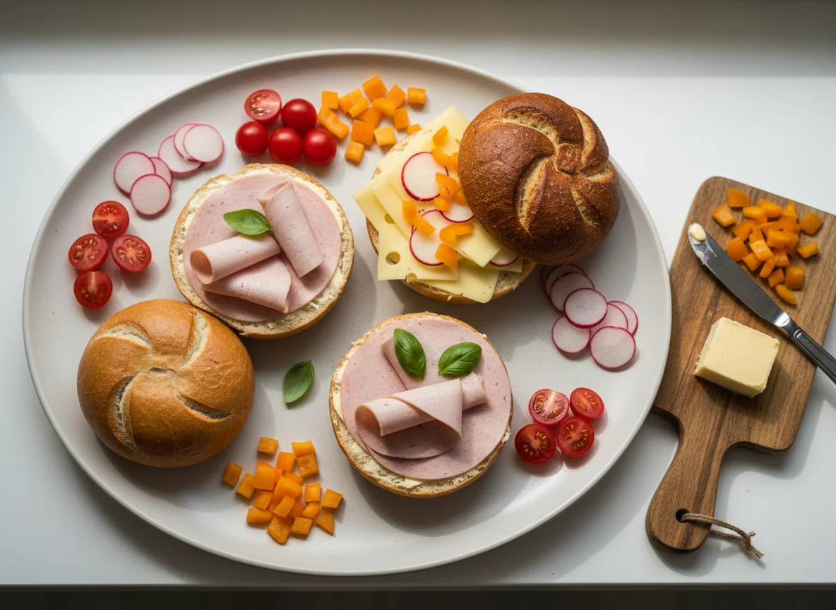 Deutsche Brotzeit mit Wurst- und Käsebrötchen photo