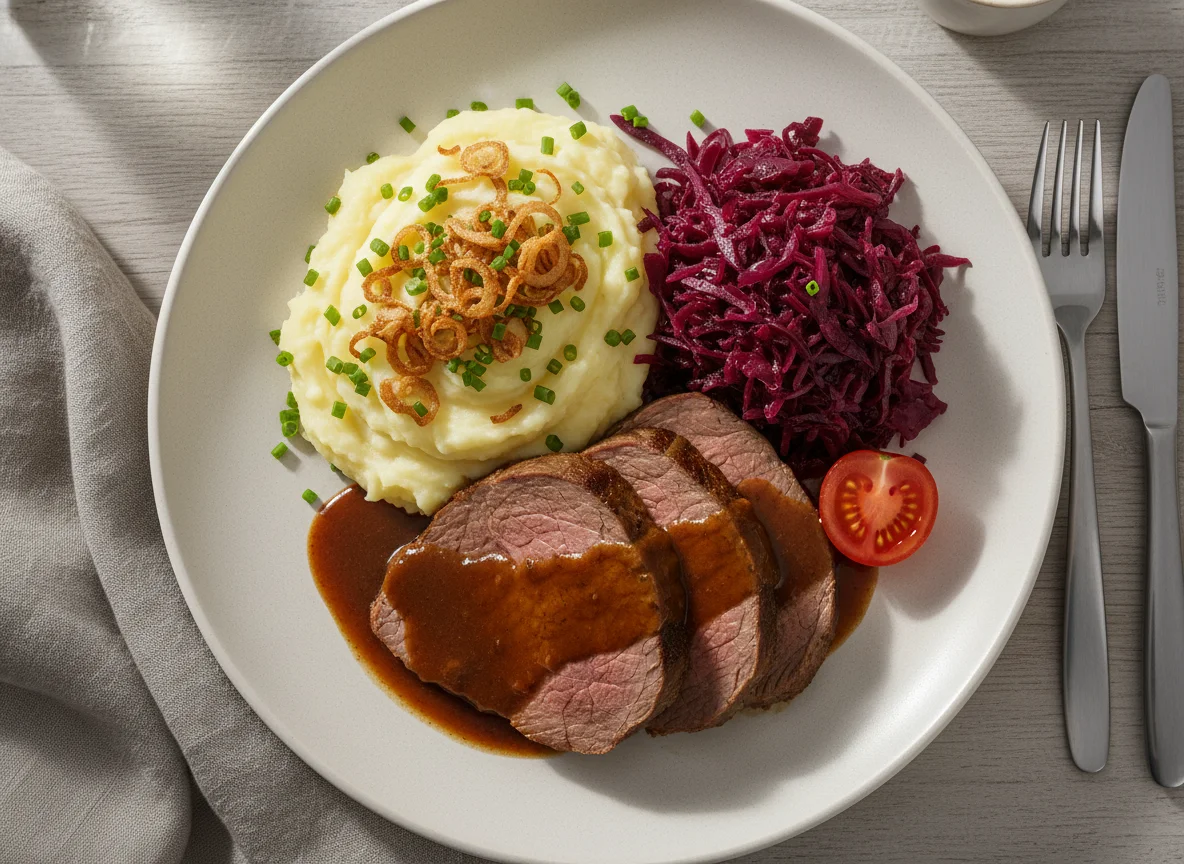 Deutscher Braten mit Kartoffelpüree und Rotkohl photo