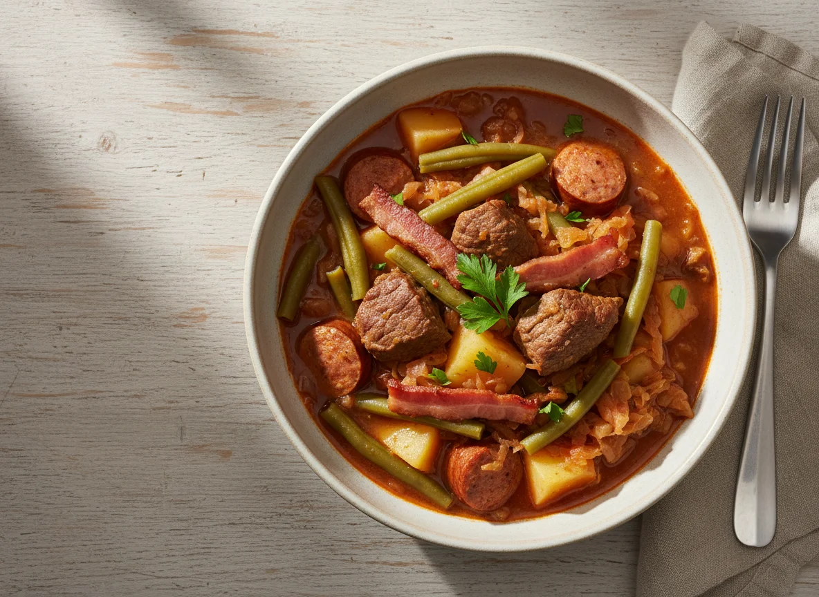 Deutscher Eintopf mit Gulasch, Bohnen, Speck und Wurst photo