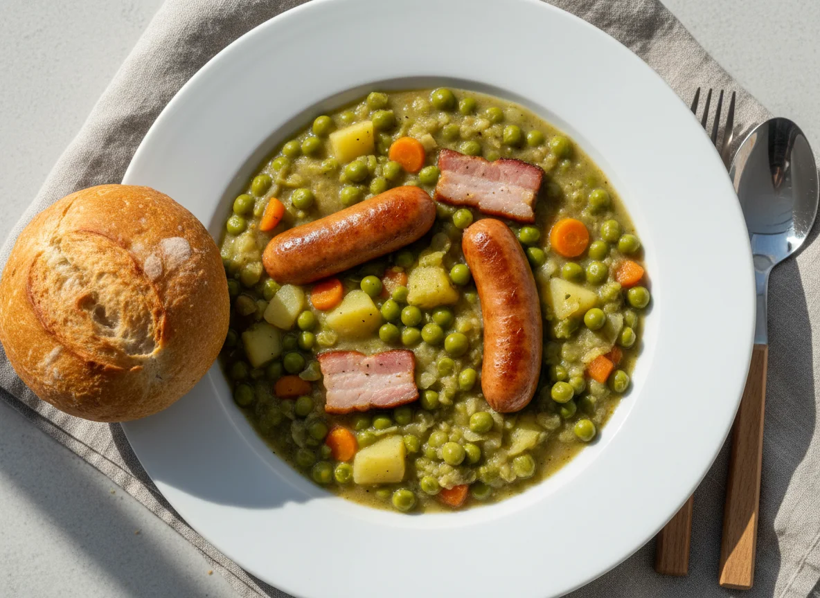 Deutscher Erbseneintopf mit Würstchen und Brötchen photo