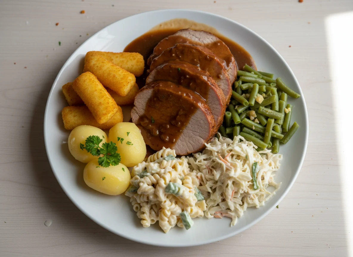 Deutscher Teller mit Fleisch, Kartoffeln und Beilagen photo