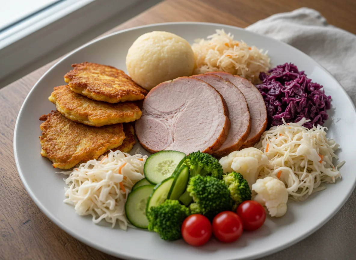 Deutscher Teller mit Fleisch und Beilagen photo