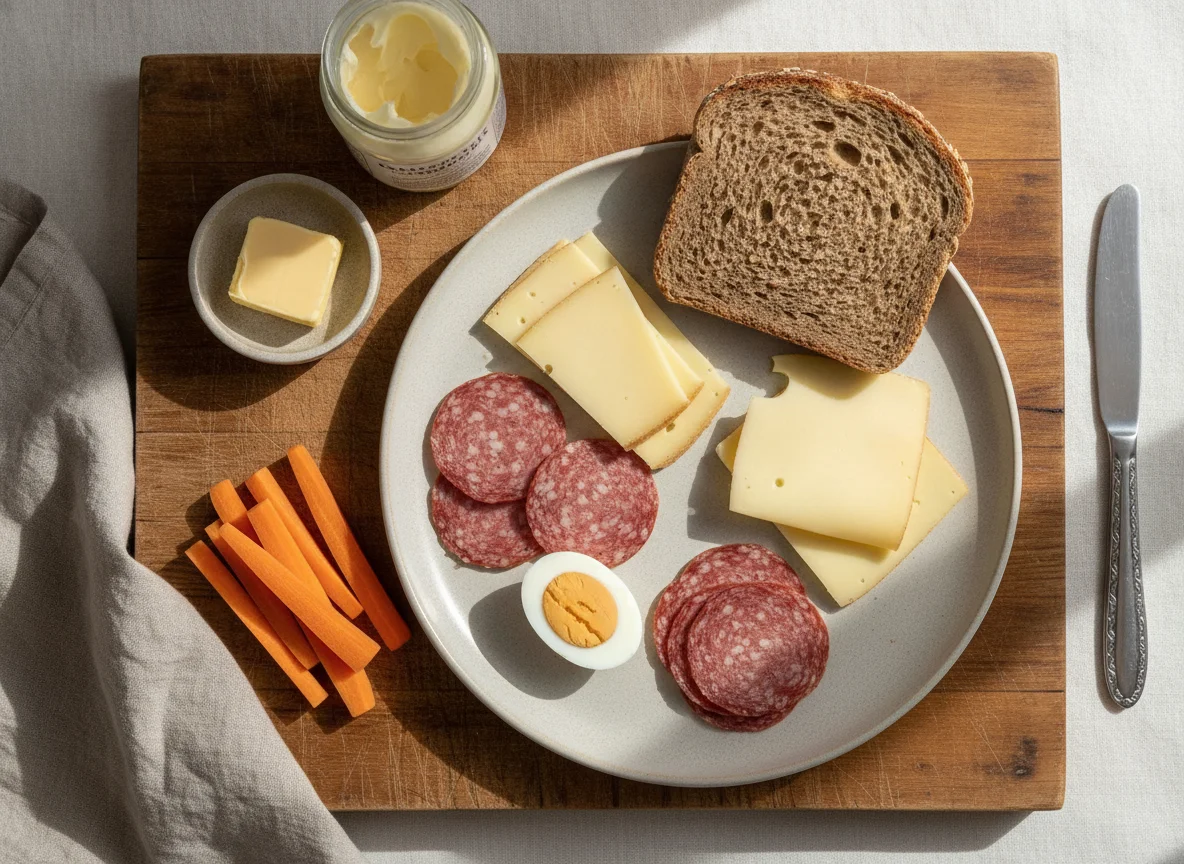 Deutsches Abendbrot mit Brot, Aufschnitt, Käse, Ei und Karotten photo