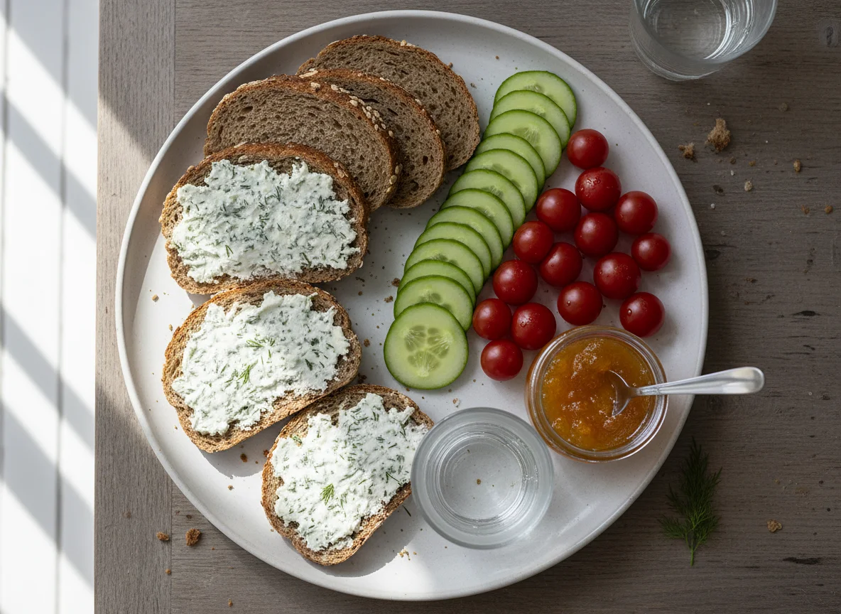 Deutsches Abendbrot mit Brot, Aufstrich und Gemüse photo