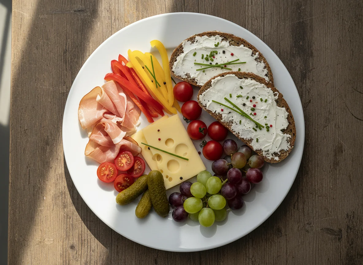 Deutsches Abendbrot mit Brot, Käse, Schinken und Trauben photo
