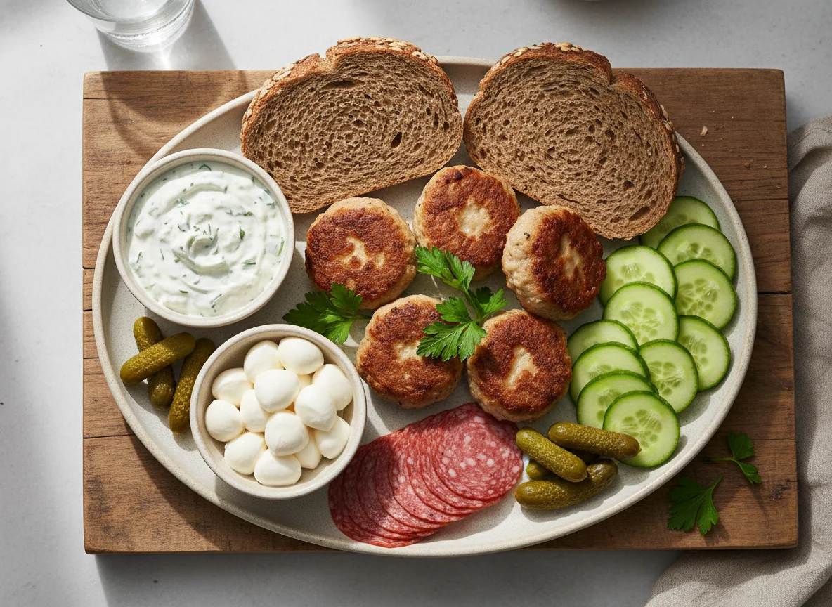 Deutsches Abendbrot mit Frikadellen und Beilagen photo