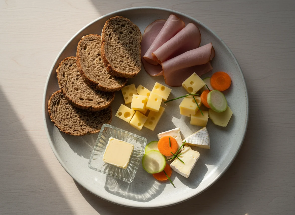 Deutsches Abendbrot mit Käse, Schinken und Gemüse photo