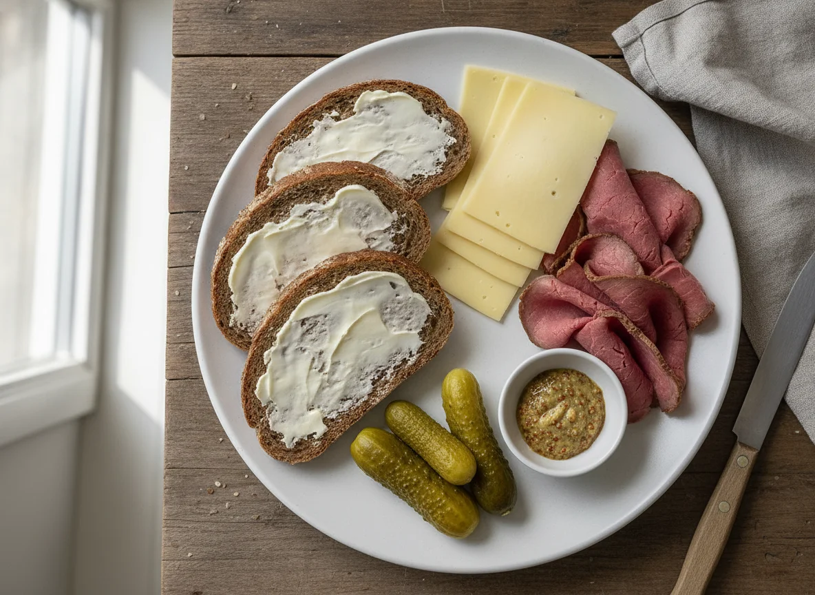 Deutsches Abendbrot mit Käse, Wurst und Gewürzgurke photo
