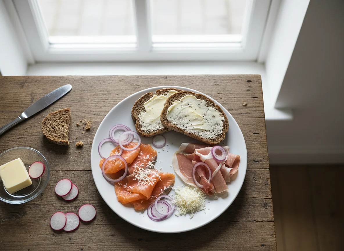 Deutsches Abendbrot mit Lachs und Schinken photo