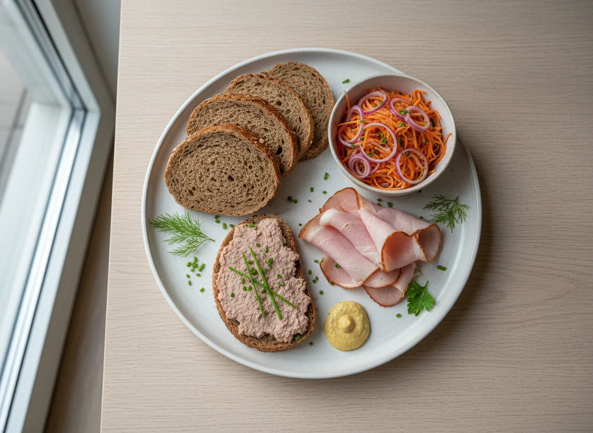 Deutsches Abendbrot mit Leberwurst, Schinken und Karottensalat photo