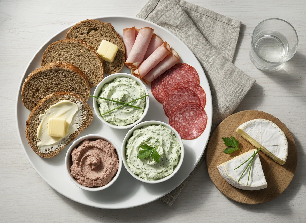 Deutsches Abendbrot mit verschiedenen Aufstrichen und Belägen photo