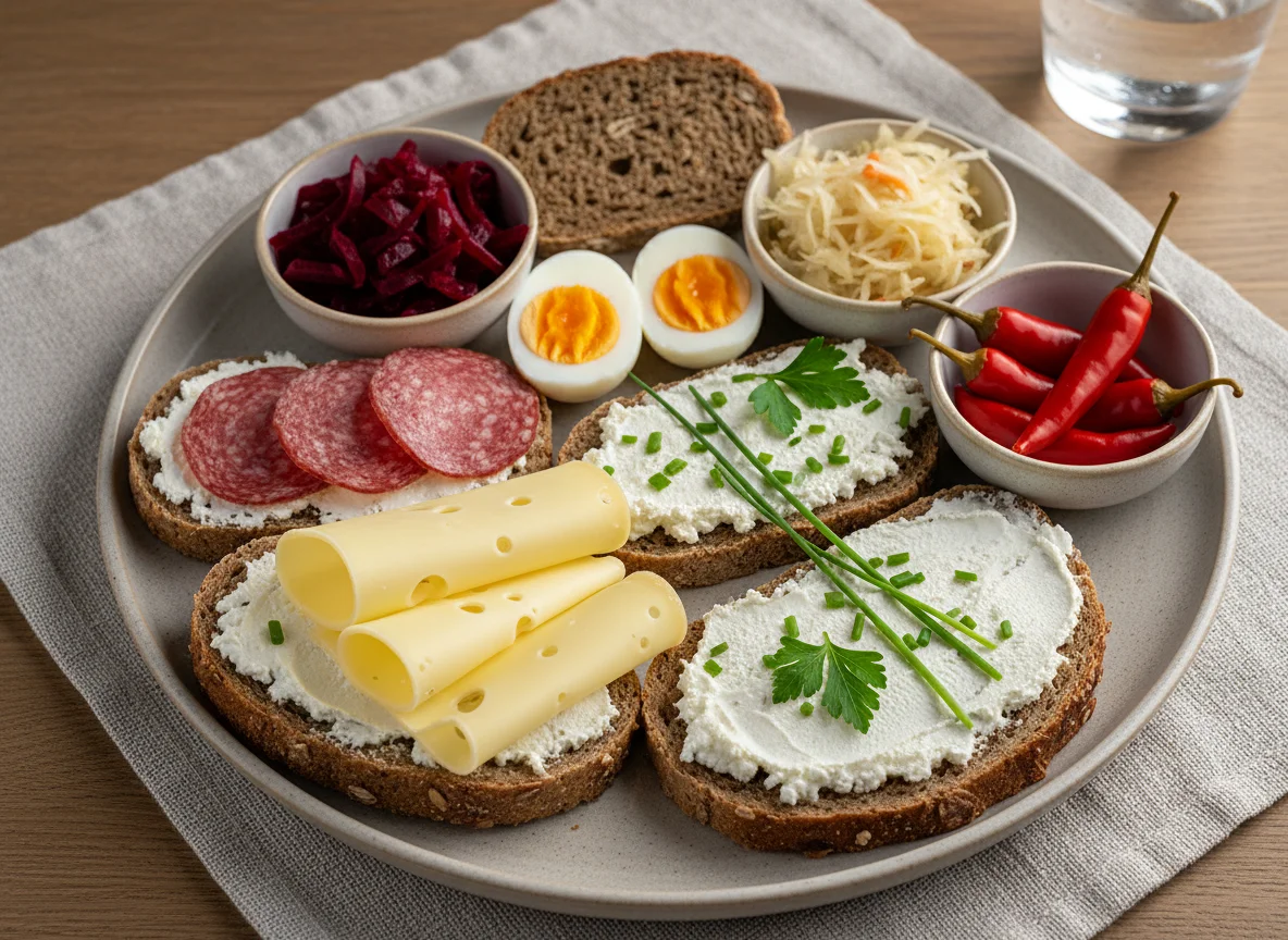 Deutsches Abendbrot mit verschiedenen Belägen und Beilagen photo