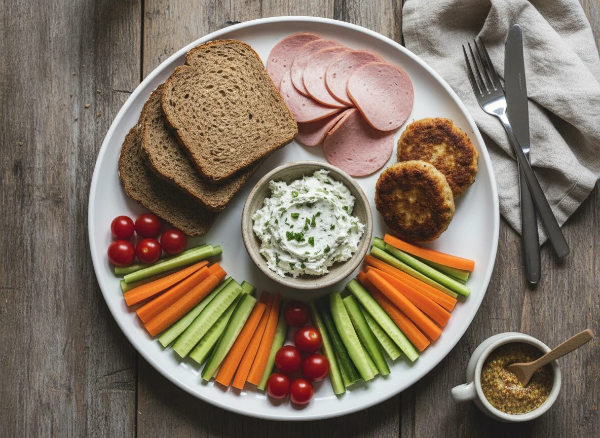 Deutsches Abendbrot mit verschiedenen Belägen und Gemüse photo