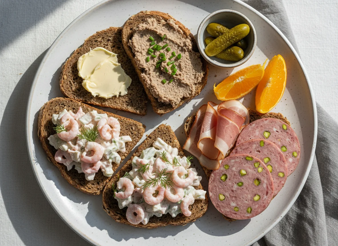 Deutsches Abendbrot mit verschiedenen Belägen und Orange photo
