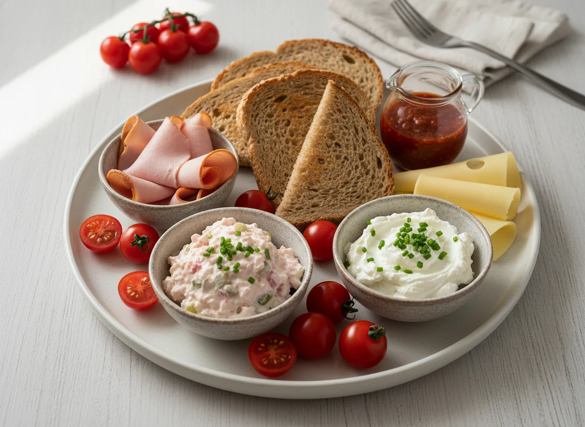Deutsches Abendbrot mit verschiedenen Brotaufstrichen und Tomaten photo