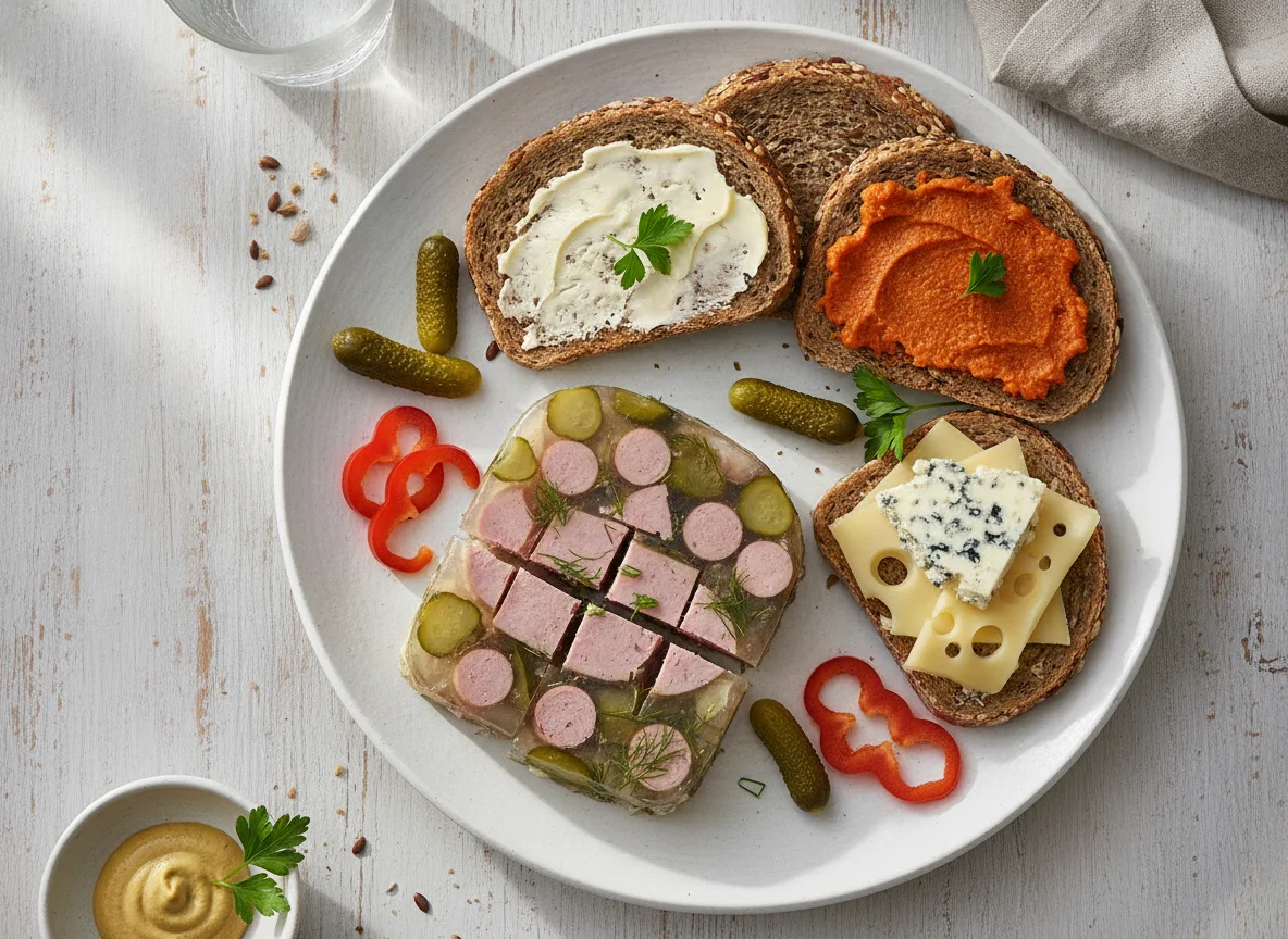 Deutsches Abendbrot mit Wurstsülze und belegten Broten photo