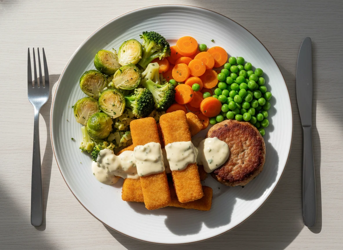 Deutsches Abendessen mit Fischstäbchen und Gemüse photo