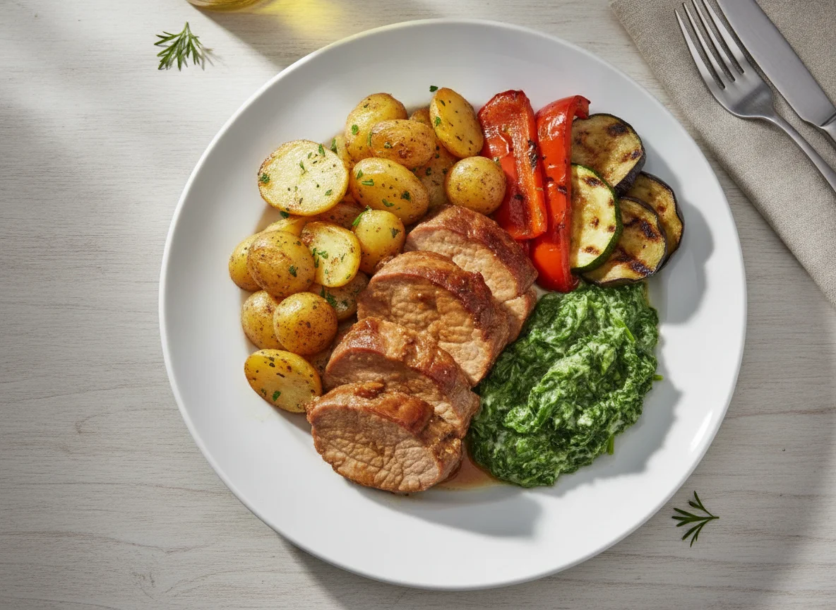 Deutsches Abendessen mit Fleisch, Kartoffeln und Gemüse photo