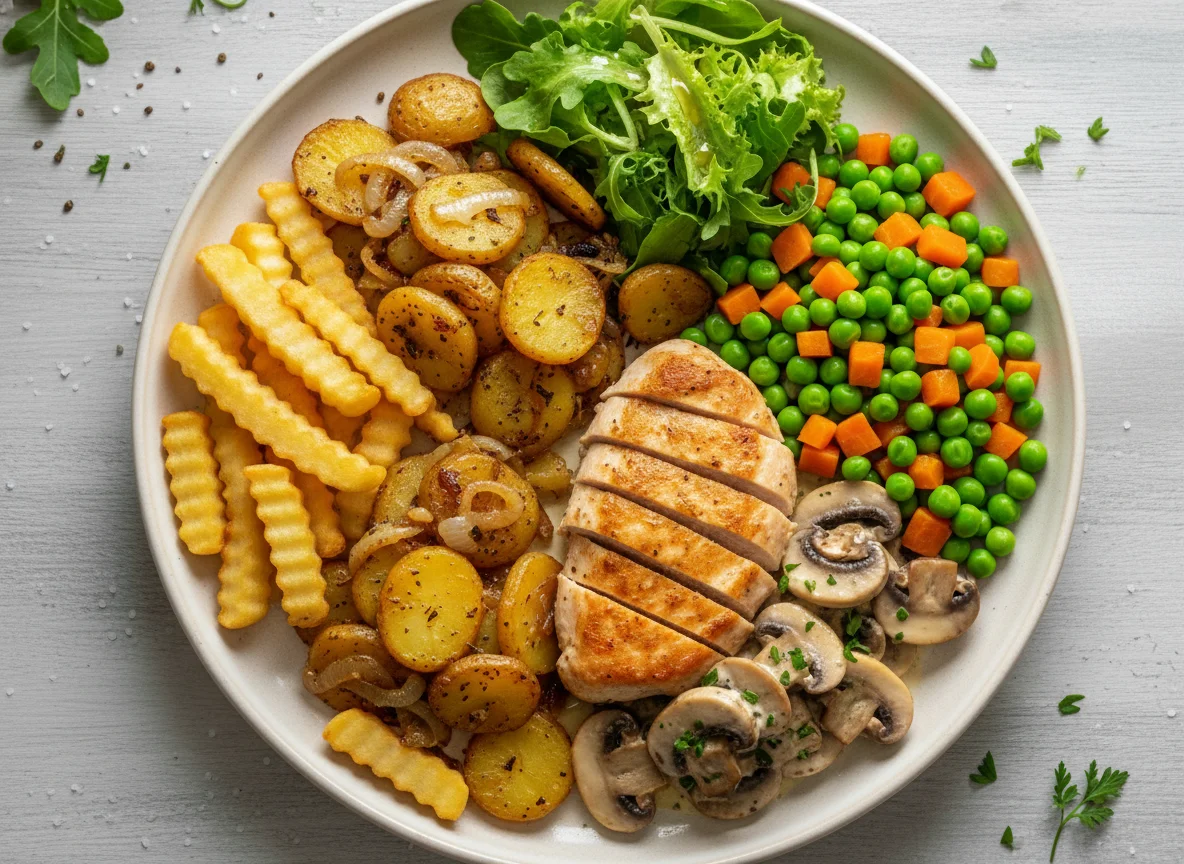 Deutsches Abendessen mit Pommes und Gemüse photo