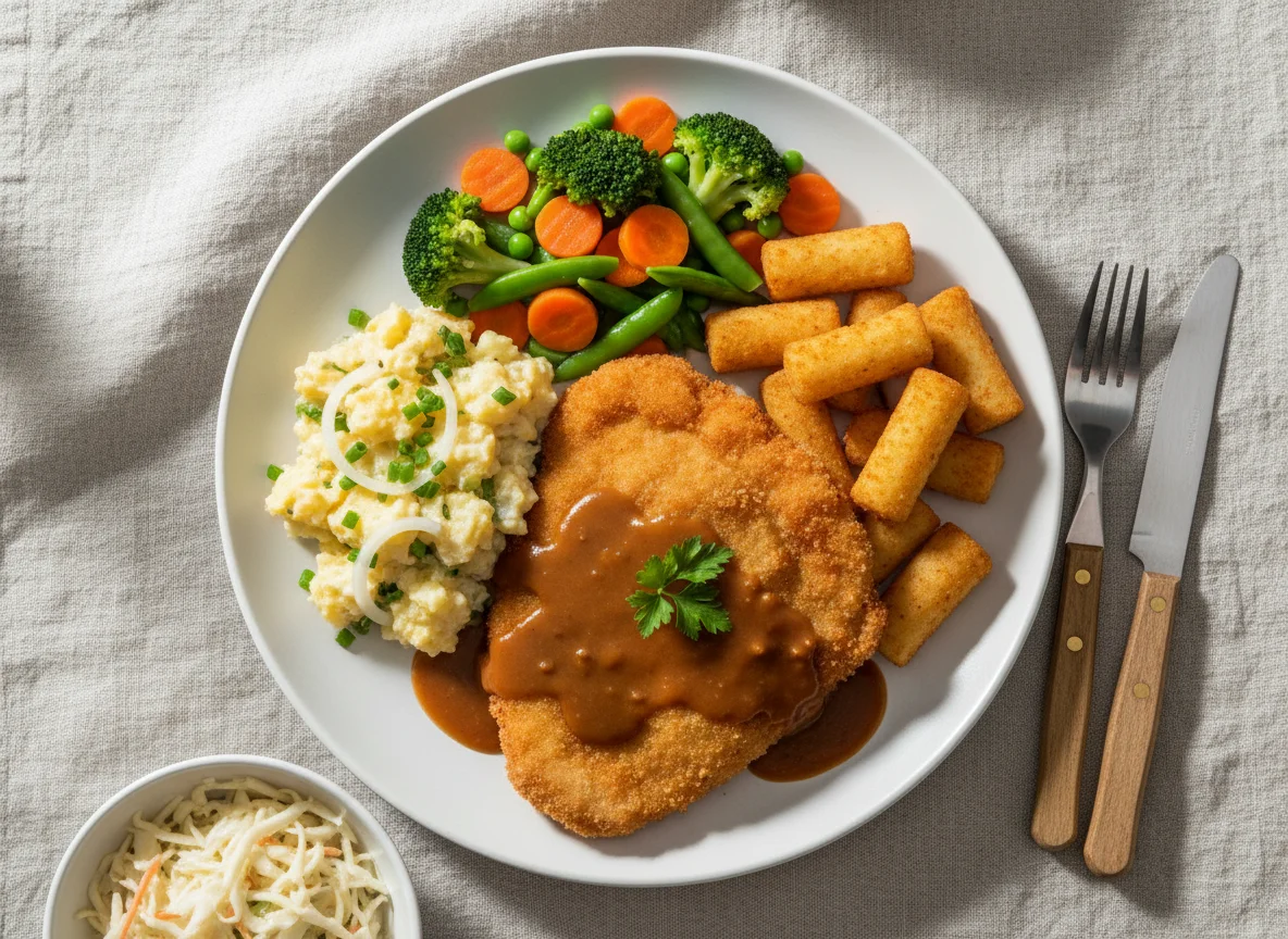 Deutsches Abendessen mit Schnitzel und Beilagen photo