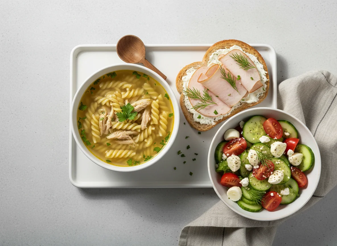 Deutsches Abendessen mit Suppe, Brot und Salat photo
