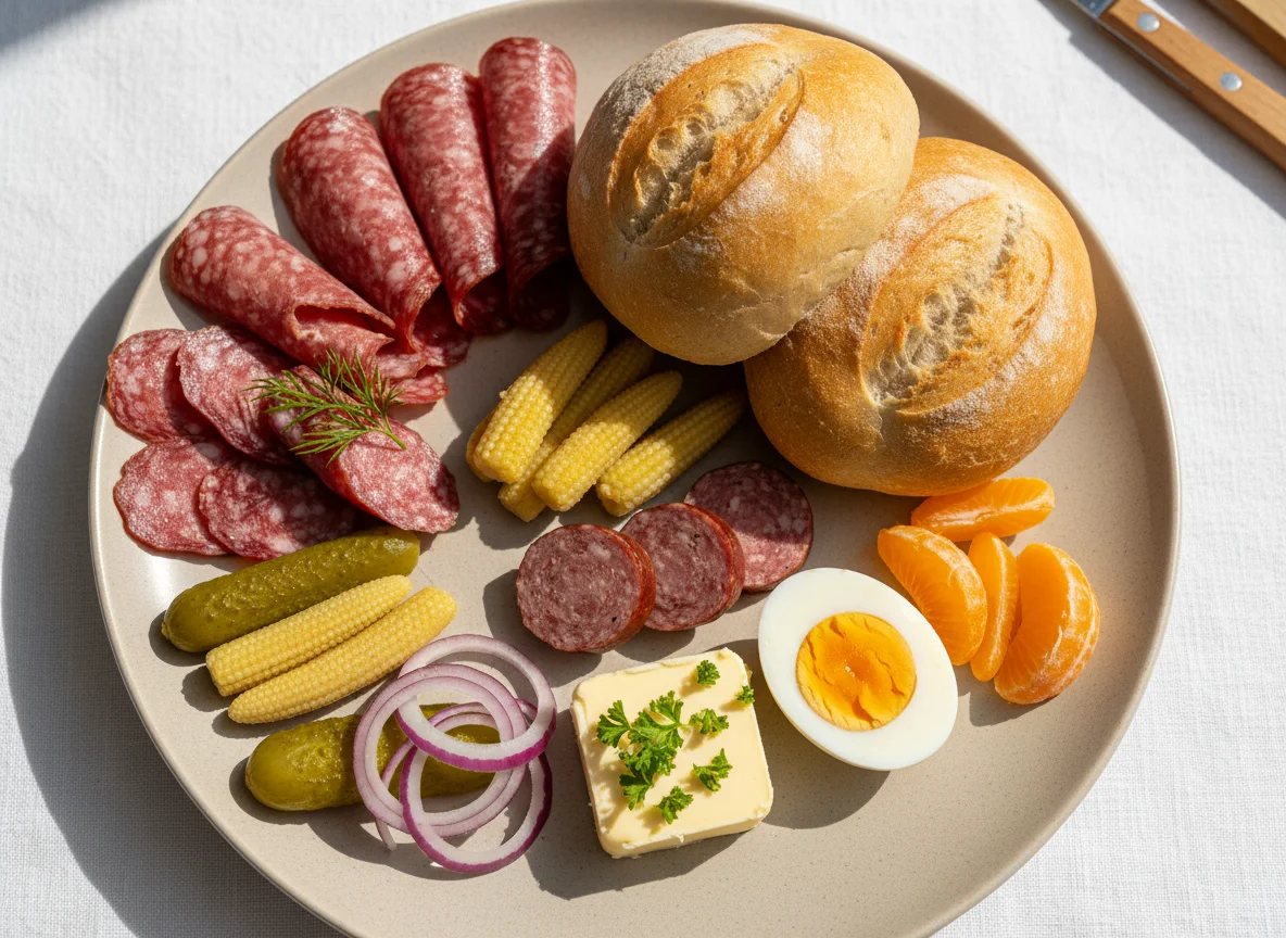 Deutsches Abendessen mit Wurst, Brötchen und Beilagen photo