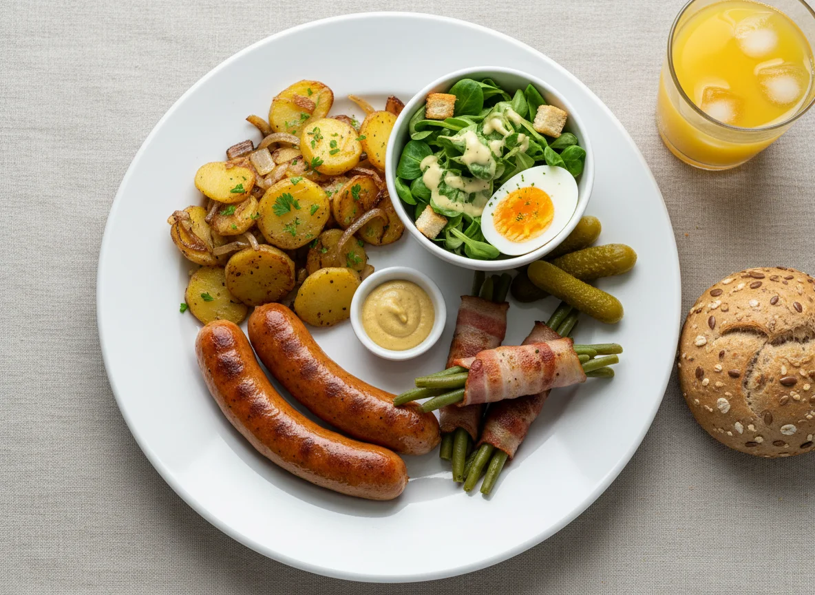 Deutsches Abendessen mit Wurst, Kartoffeln und Salat photo