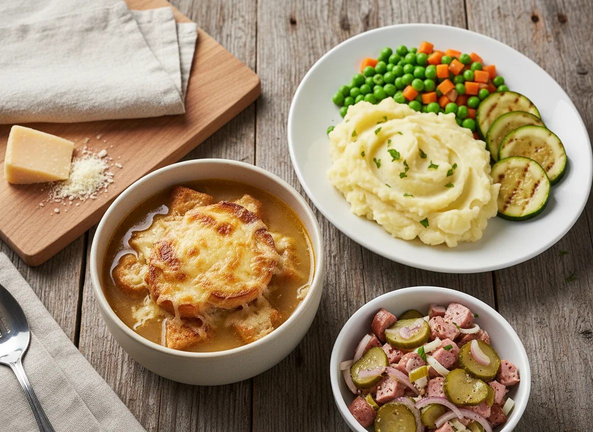 Deutsches Abendessen mit Zwiebelsuppe und Beilagen photo