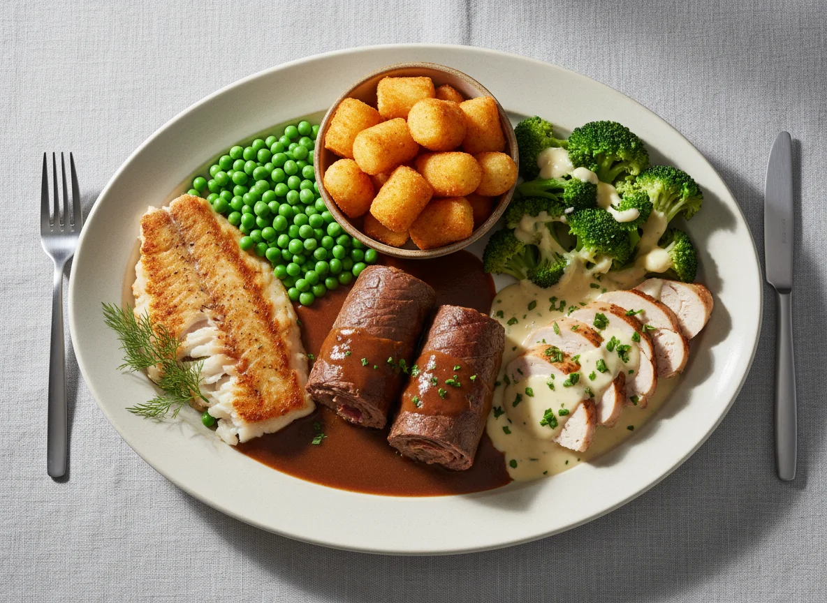 Deutsches Festessen mit Fisch, Fleisch und Beilagen photo