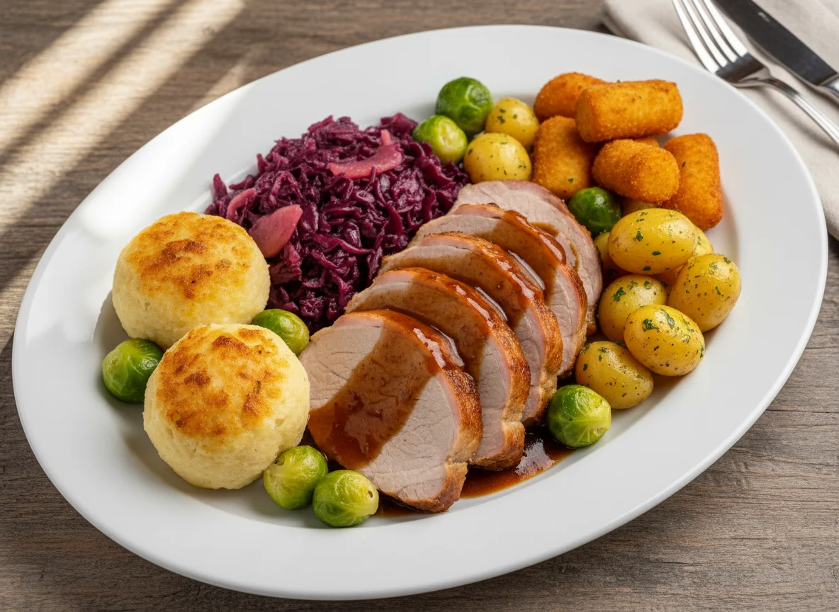 Deutsches Festessen mit Fleisch, Rotkohl und Klößen photo