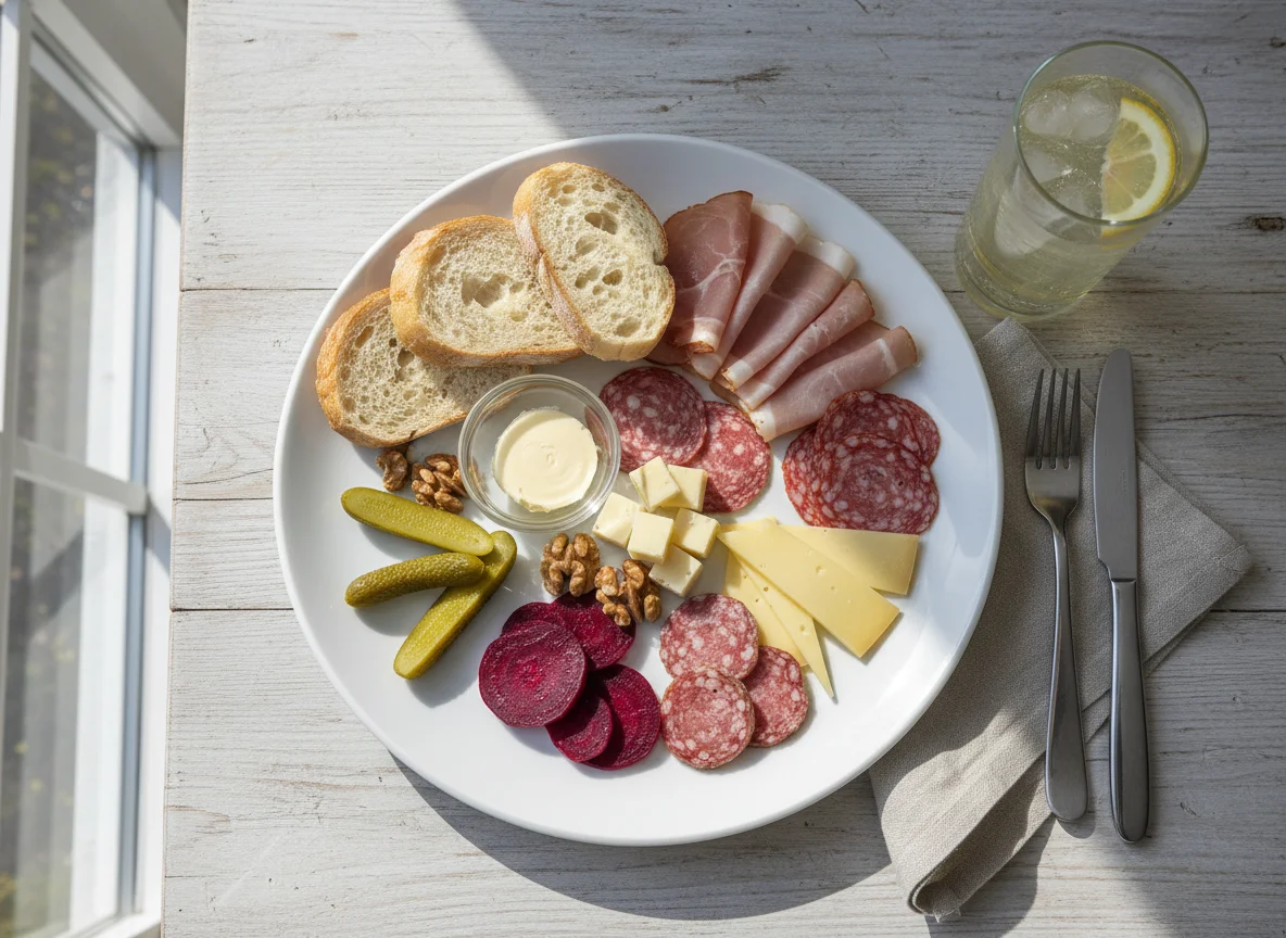Deutsches Frühstück mit Aufschnitt und Beilagen photo