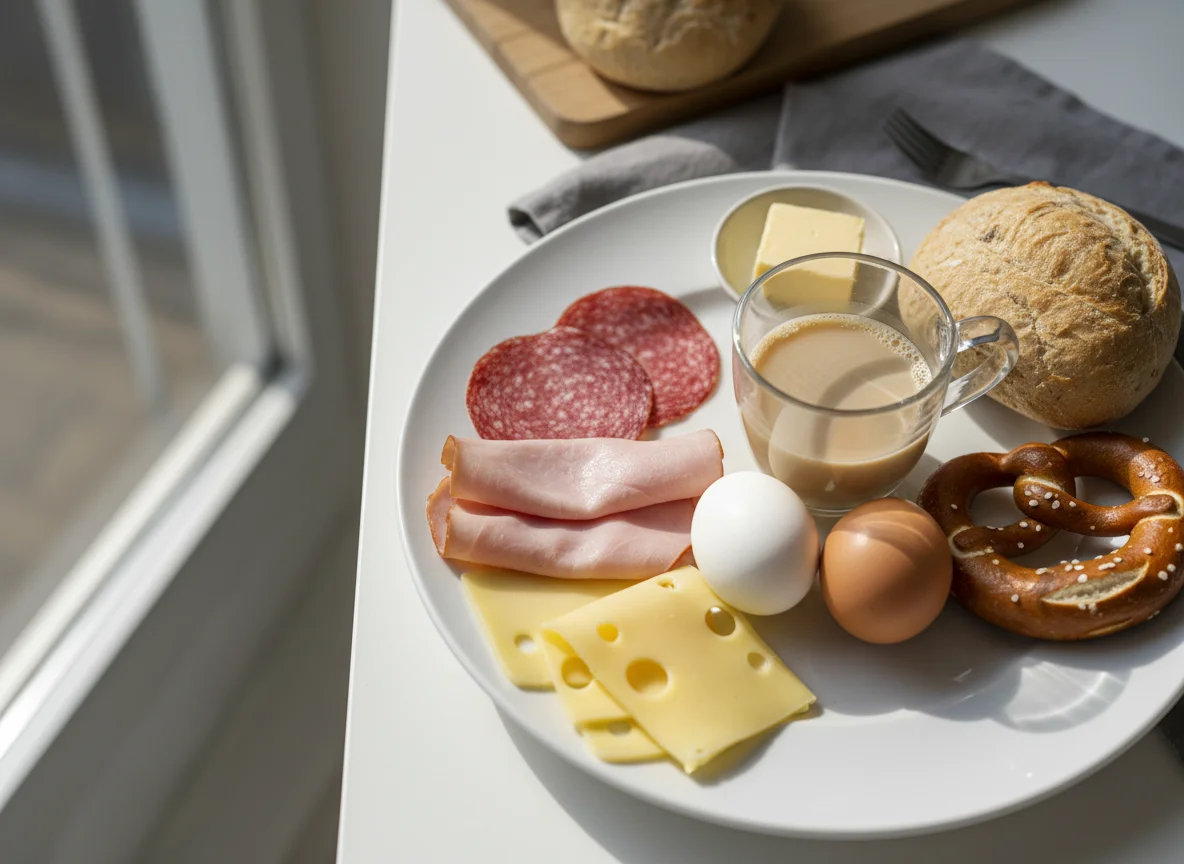 Deutsches Frühstück mit Aufschnitt und Eiern photo