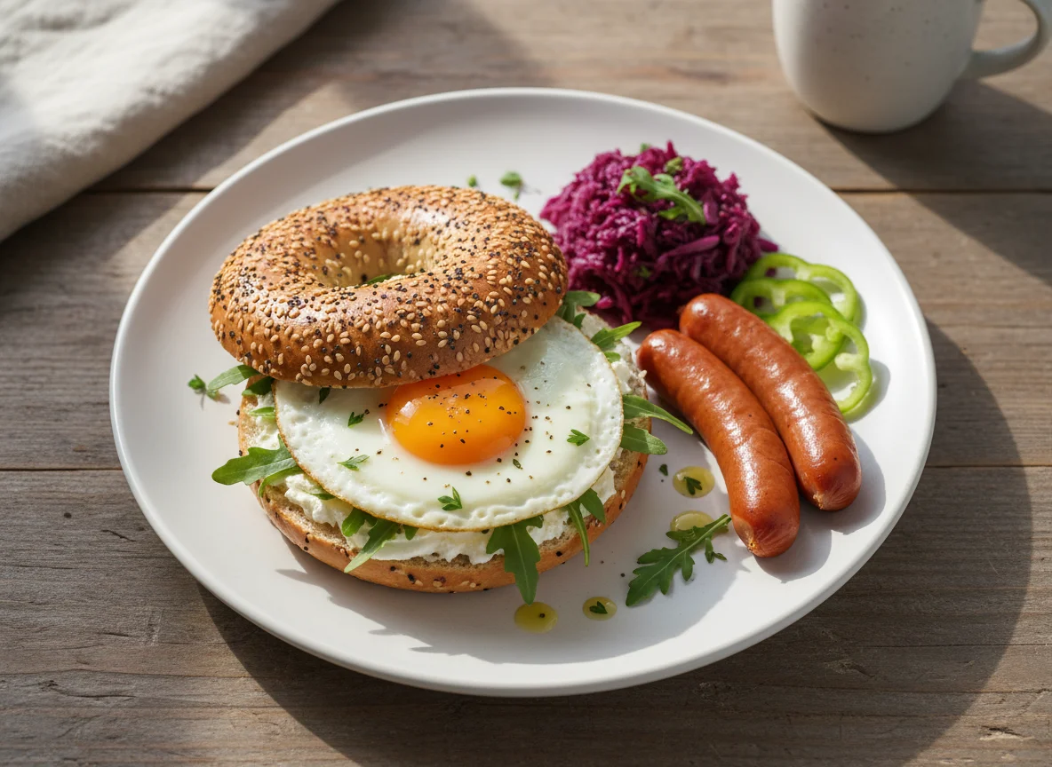 Deutsches Frühstück mit Bagel und Würstchen photo