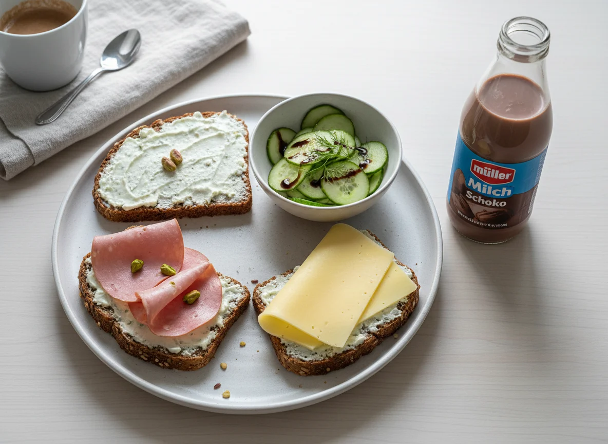 Deutsches Frühstück mit belegten Broten, Gurkensalat und Schokomilch photo