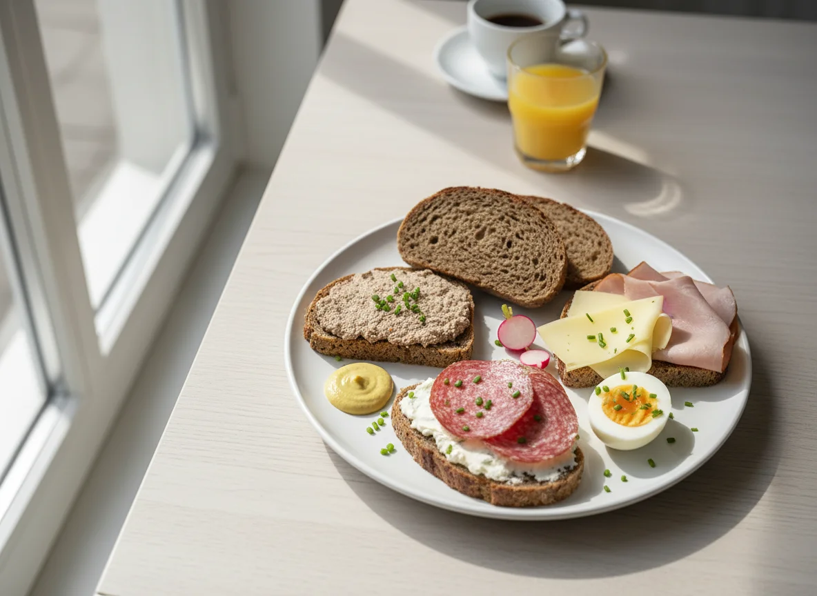Deutsches Frühstück mit belegten Broten und Ei photo