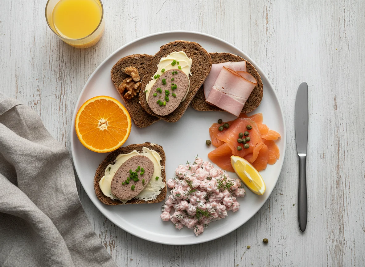 Deutsches Frühstück mit belegten Broten und Orange photo