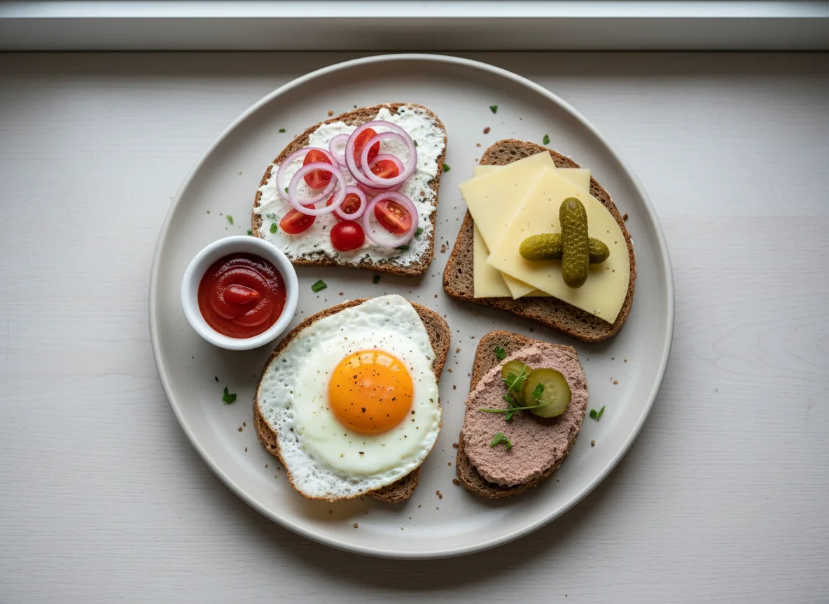 Deutsches Frühstück mit belegten Broten und Spiegelei photo