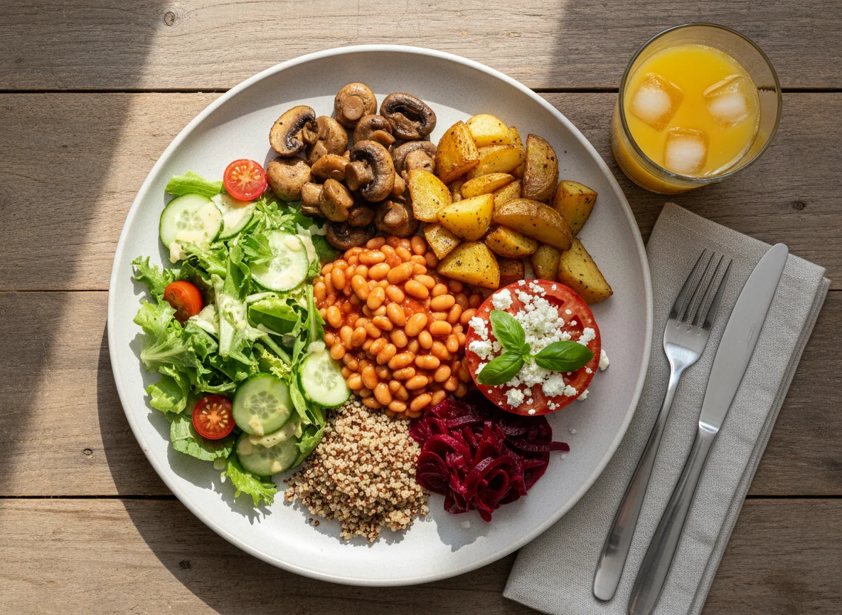 Deutsches Frühstück mit Bohnen und Gemüse photo