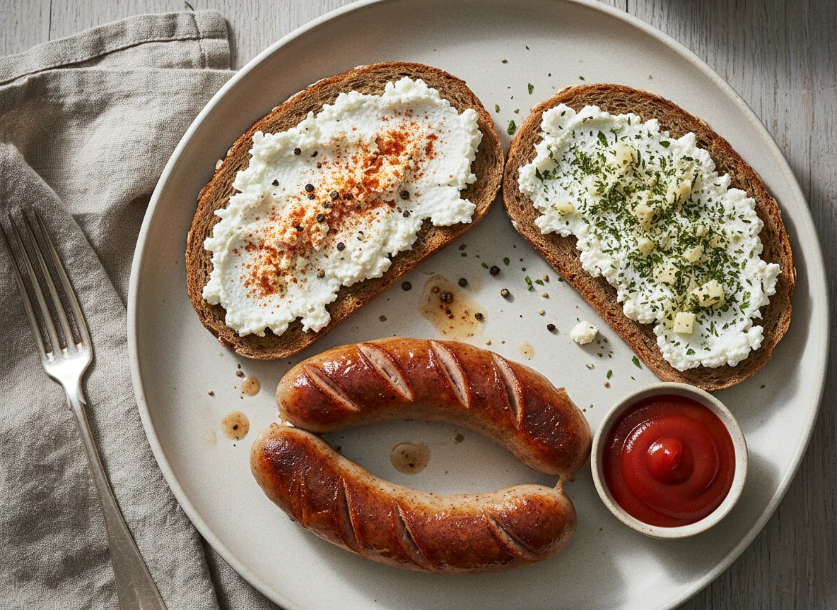 Deutsches Frühstück mit Bratwurst und Hüttenkäse-Brot photo
