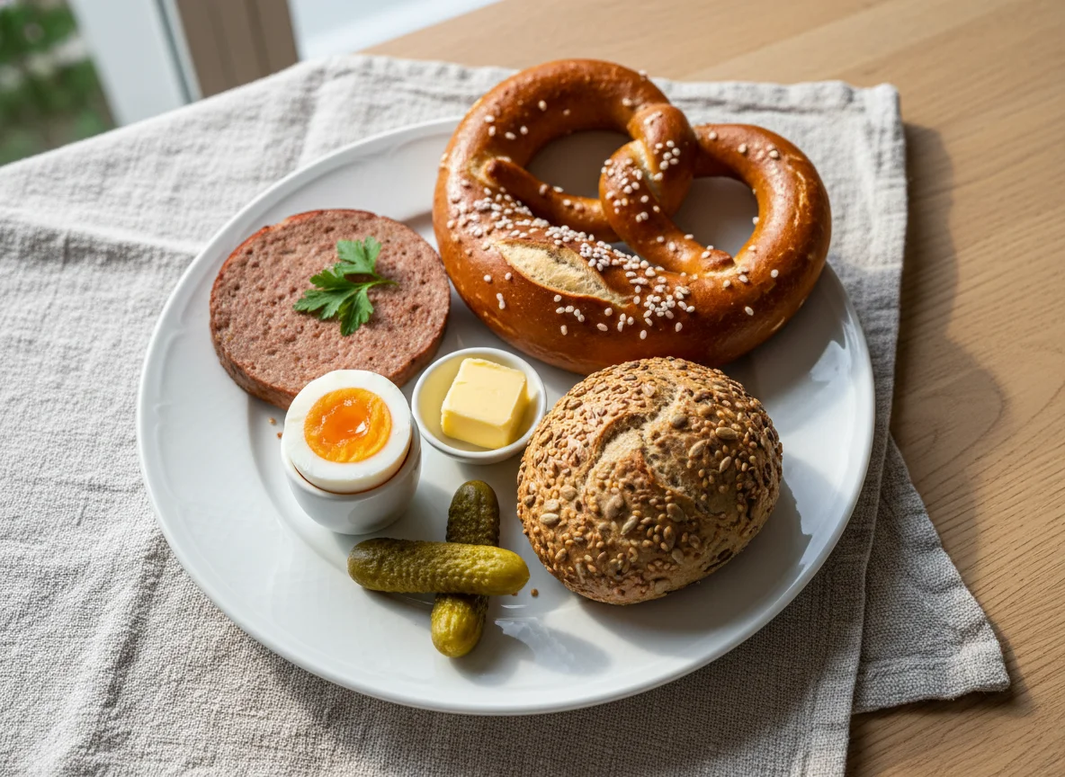 Deutsches Frühstück mit Brezel und Wurst photo