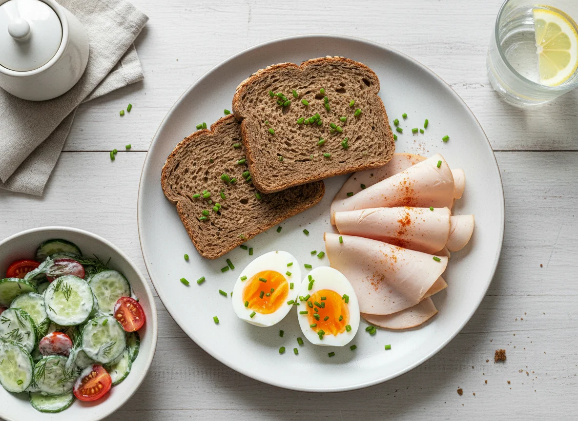 Deutsches Frühstück mit Brot, Aufschnitt, Ei und Gurkensalat photo