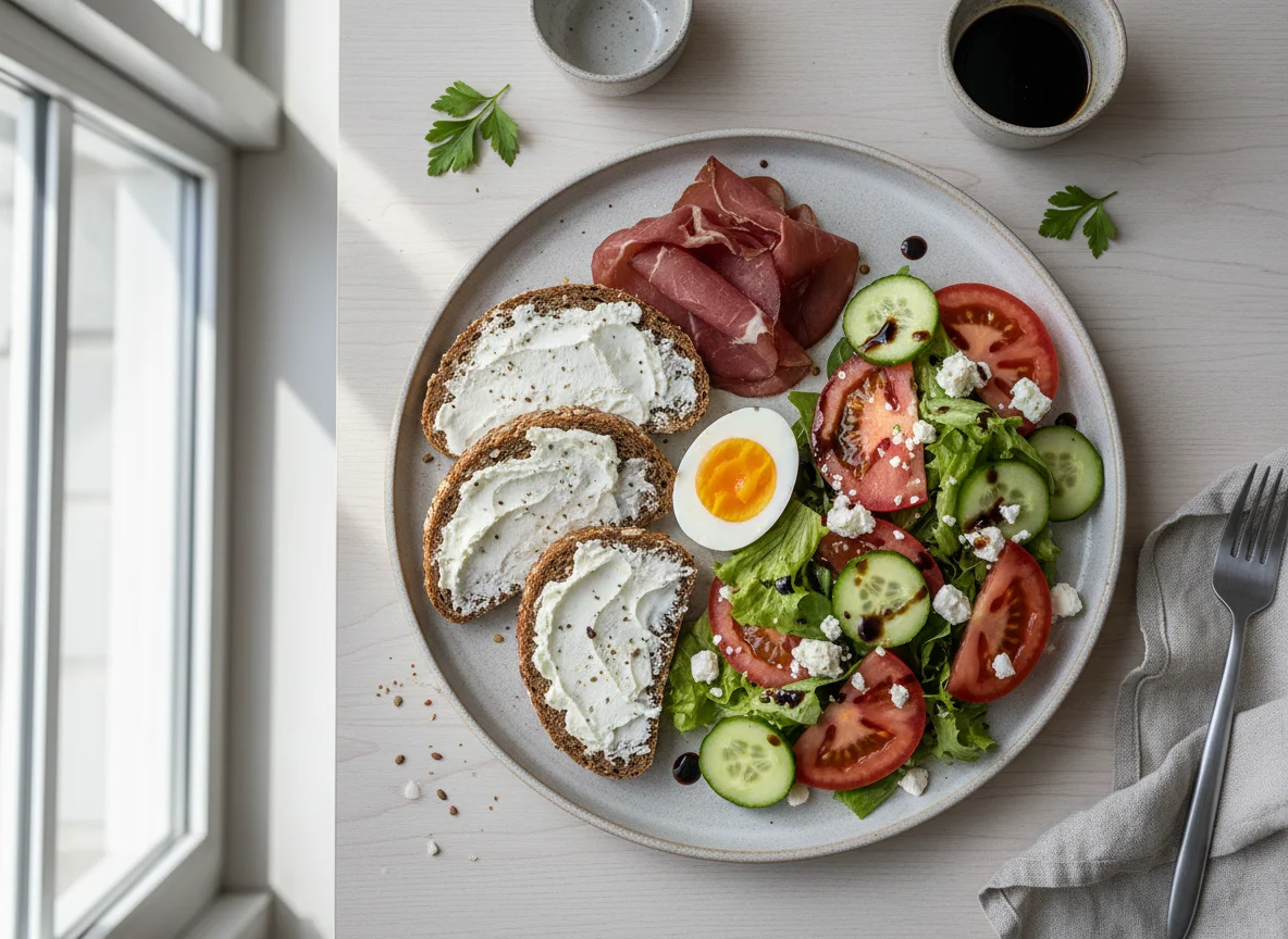 Deutsches Frühstück mit Brot, Aufschnitt, Ei und Salat photo