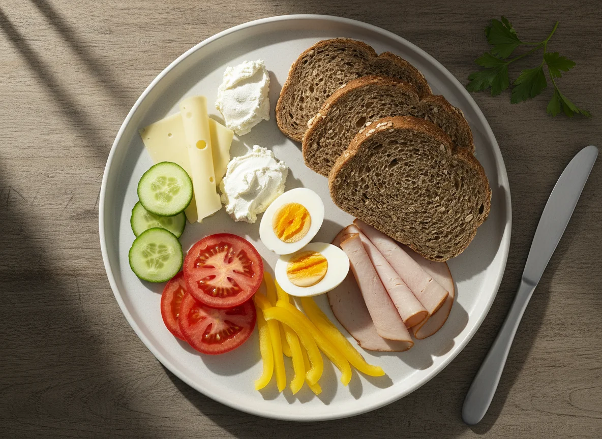 Deutsches Frühstück mit Brot, Aufschnitt, Eiern und Gemüse photo