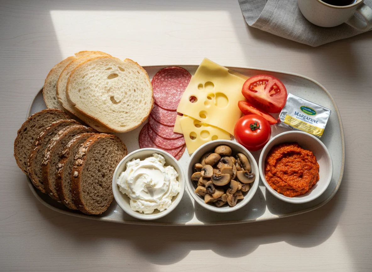 Deutsches Frühstück mit Brot, Aufschnitt und Beilagen photo