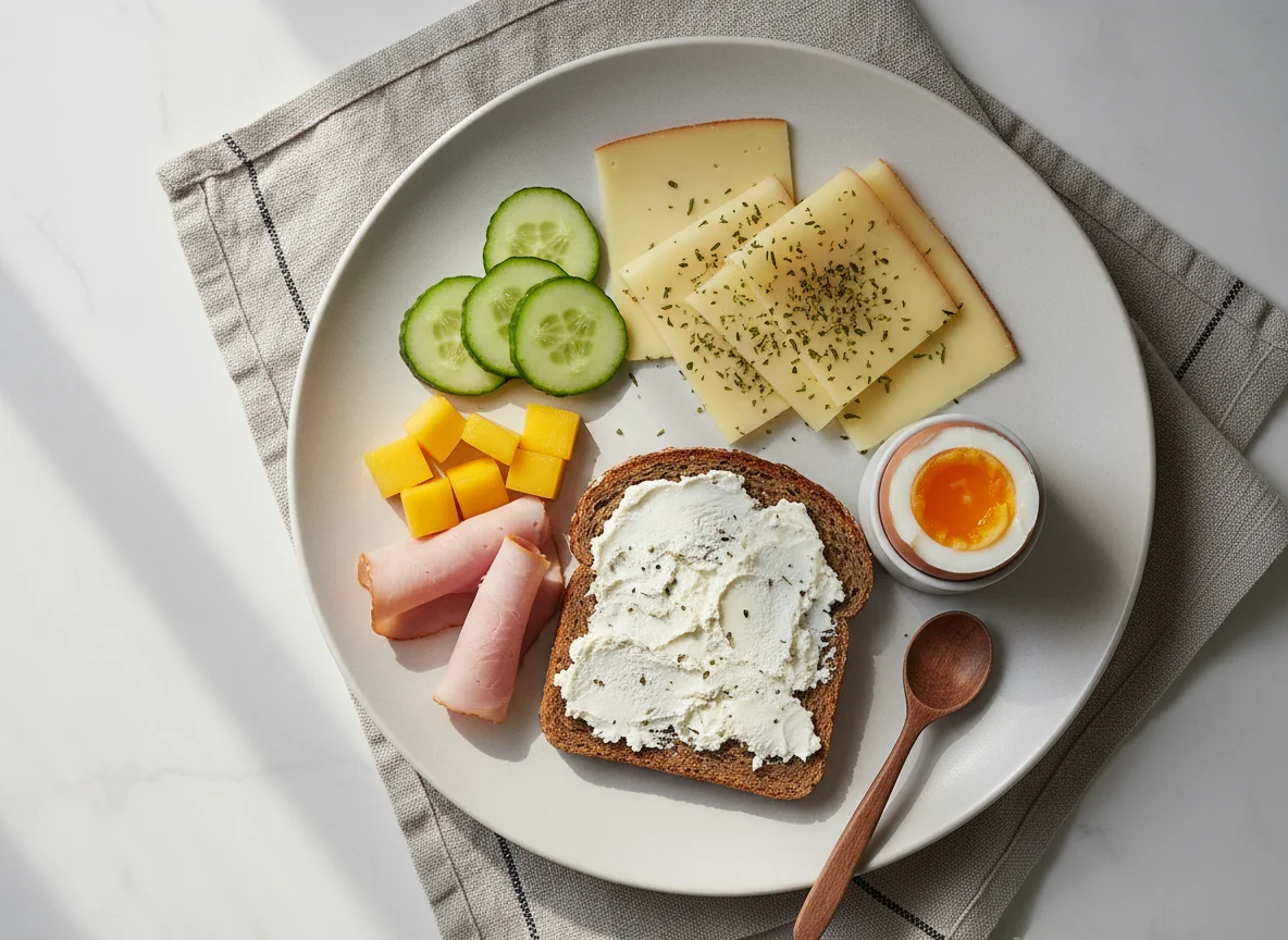 Deutsches Frühstück mit Brot, Aufschnitt und Ei photo