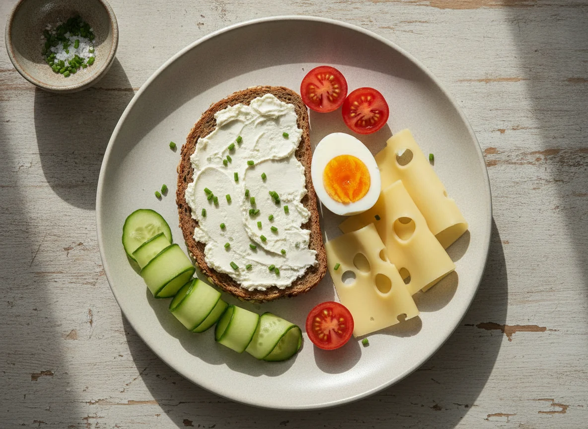 Deutsches Frühstück mit Brot, Ei, Käse und Gemüse photo