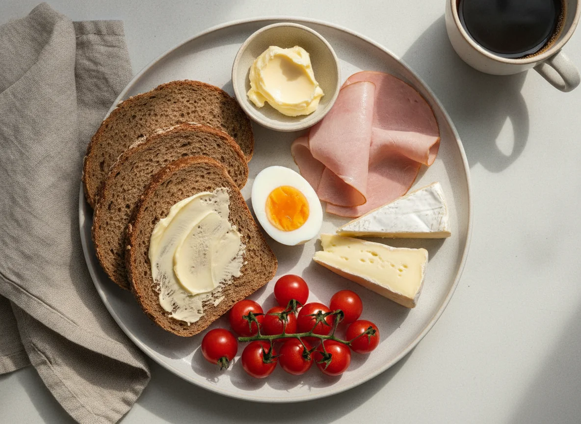 Deutsches Frühstück mit Brot, Ei, Schinken, Käse und Tomaten photo