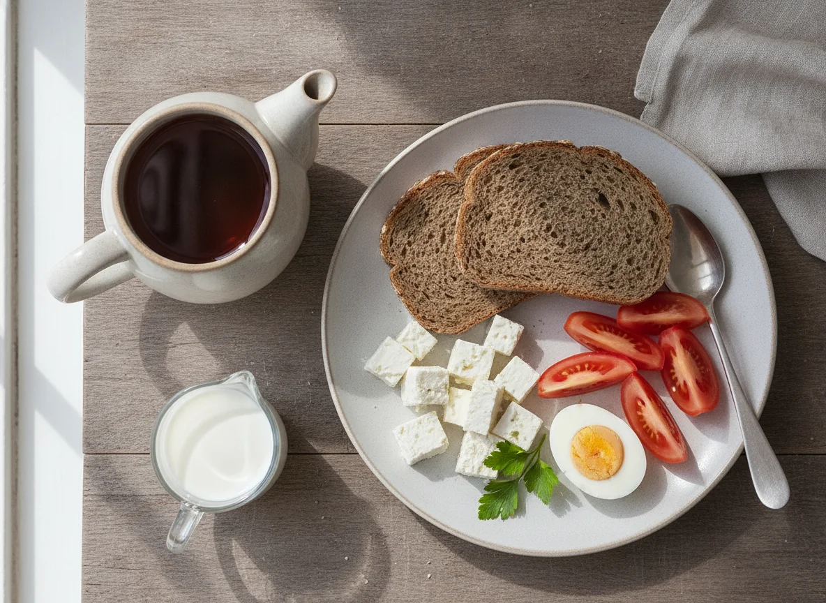 Deutsches Frühstück mit Brot, Ei, Tomaten und Feta photo