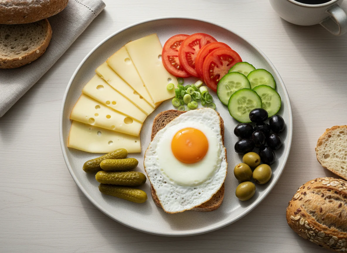 Deutsches Frühstück mit Brot, Ei und Beilagen photo